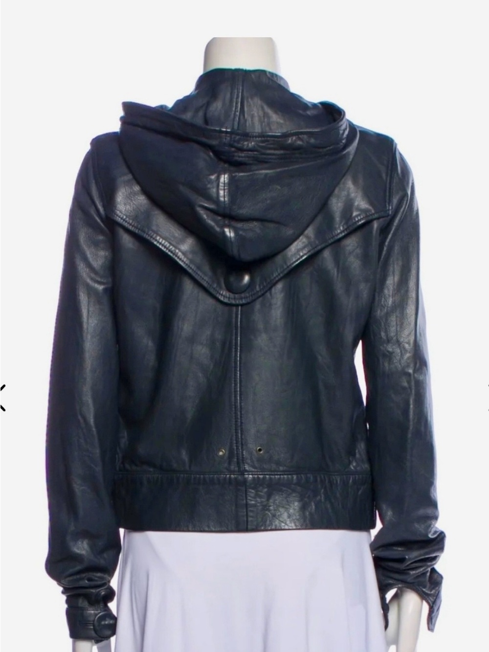 Mike & Chris Ash Blue Leather Hooded Bomber Jacket, Sz L/8 - Picture 6 of 8